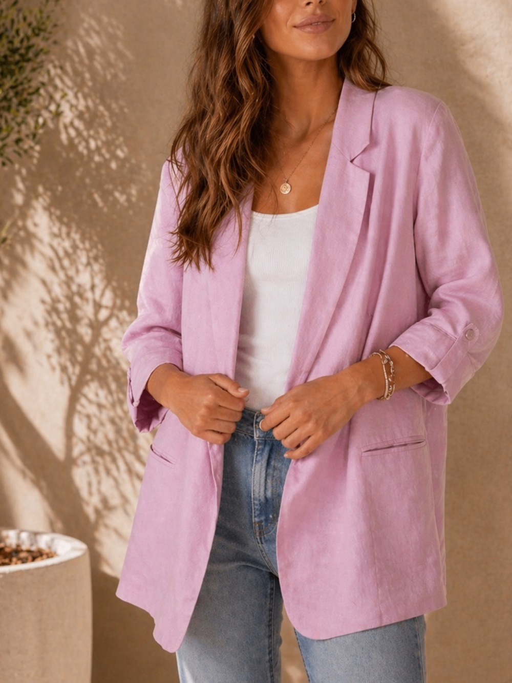 Madison Blush Pink Linen Blend Boyfriend Blazer Oversized L